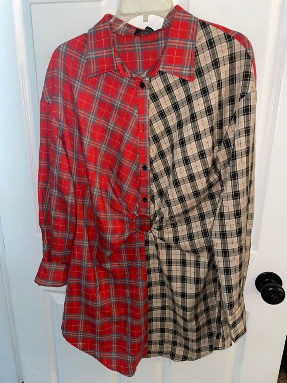 AKIRA Red and Beige Plaid Two-Panel Button-Up Dress